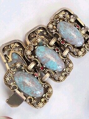 Vintage Unsigned Selro Selini Robin Egg Blue Confetti Lucite Panel Link Bracelet